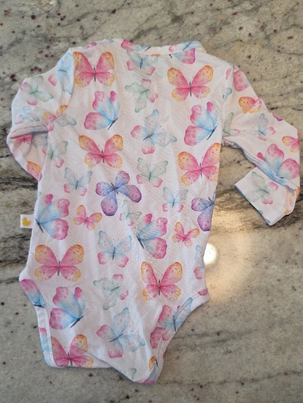Posh Peanut White Long-Sleeve Butterfly Bodysuit with Pink Blue Yellow 0-3m